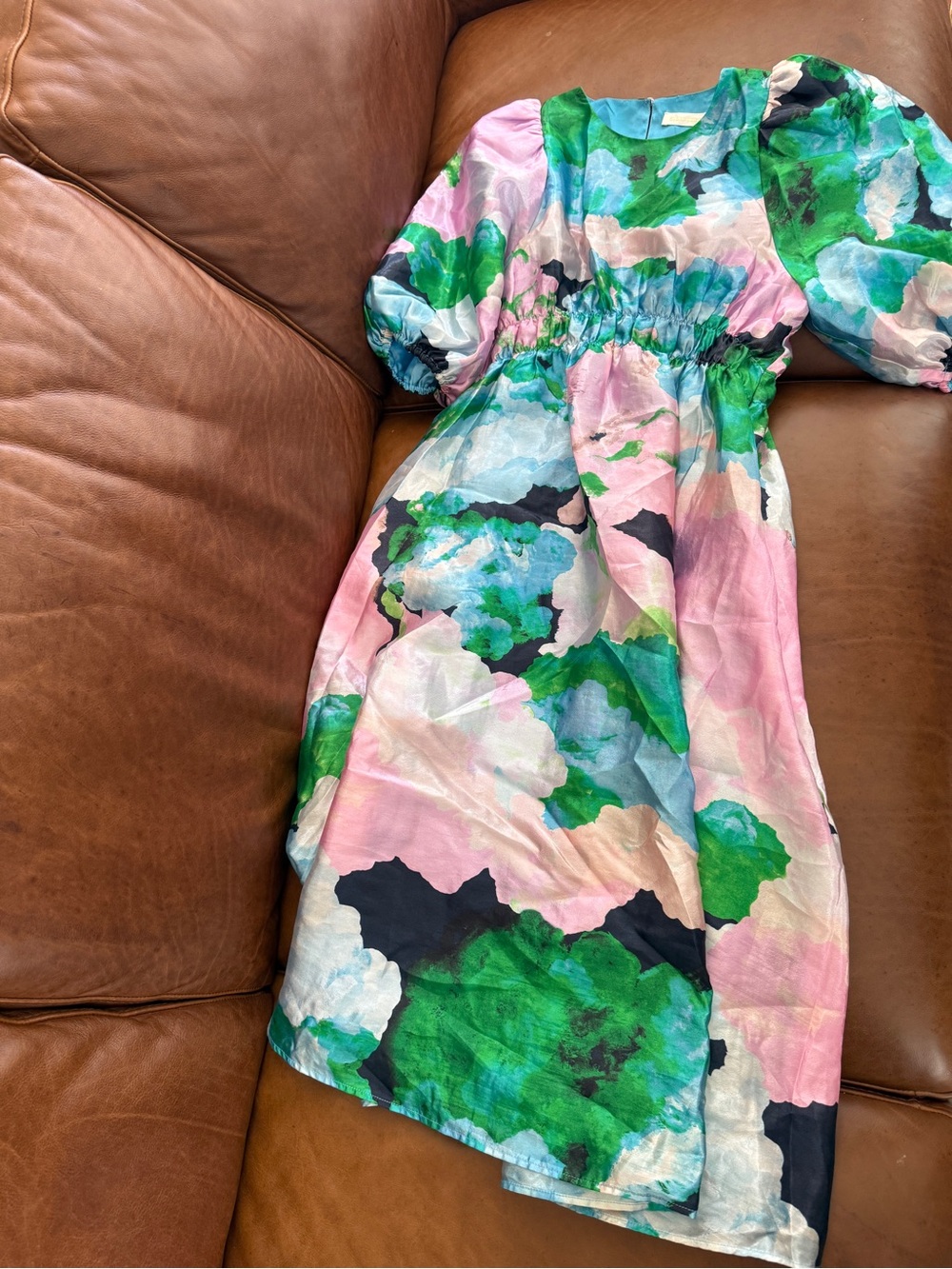Women’s Casual Puff-Sleeve Floral Midi Dress in Pink & Green